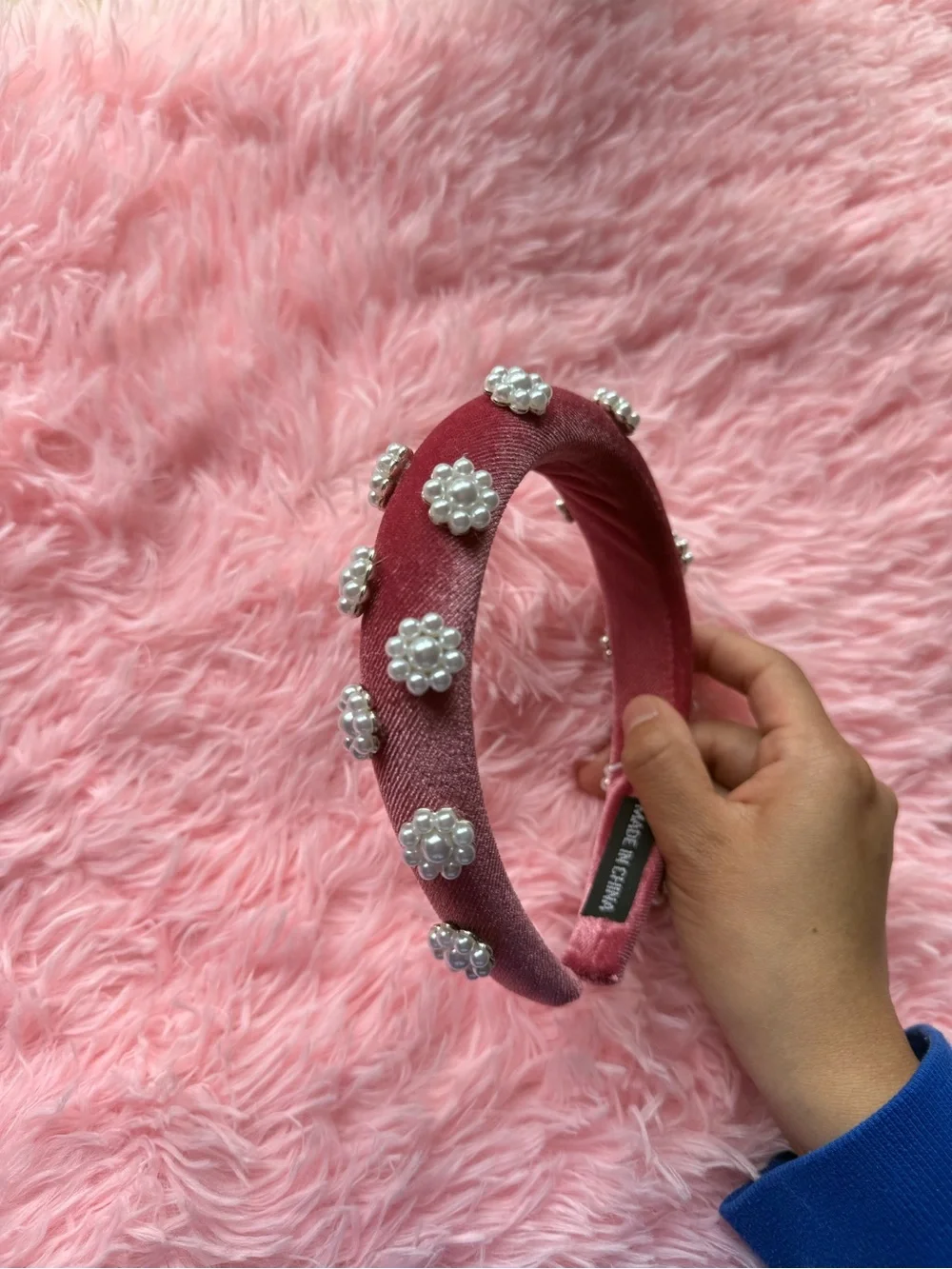 Francesca's Velvet Pearl-Embellished Headband in Burgundy